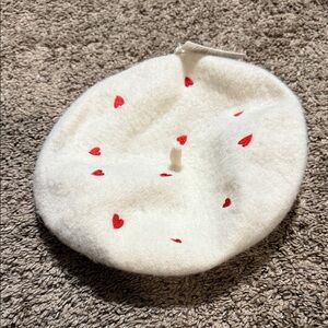 Charming White Beret with Red Heart Accents
